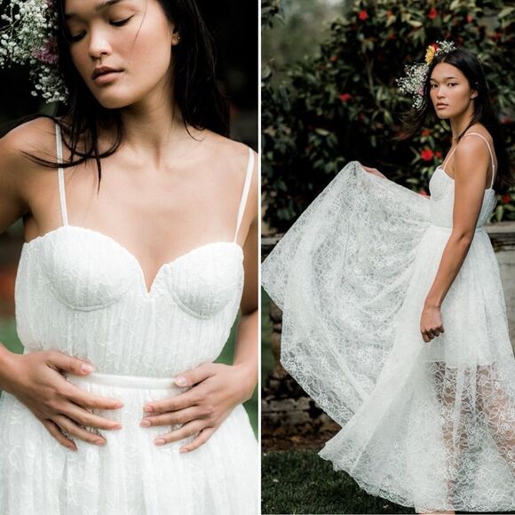 NEW Sau Lee Selena White Lace Midi Bridal Wedding Rehearsal Dress Size 12 - Picture 1 of 13